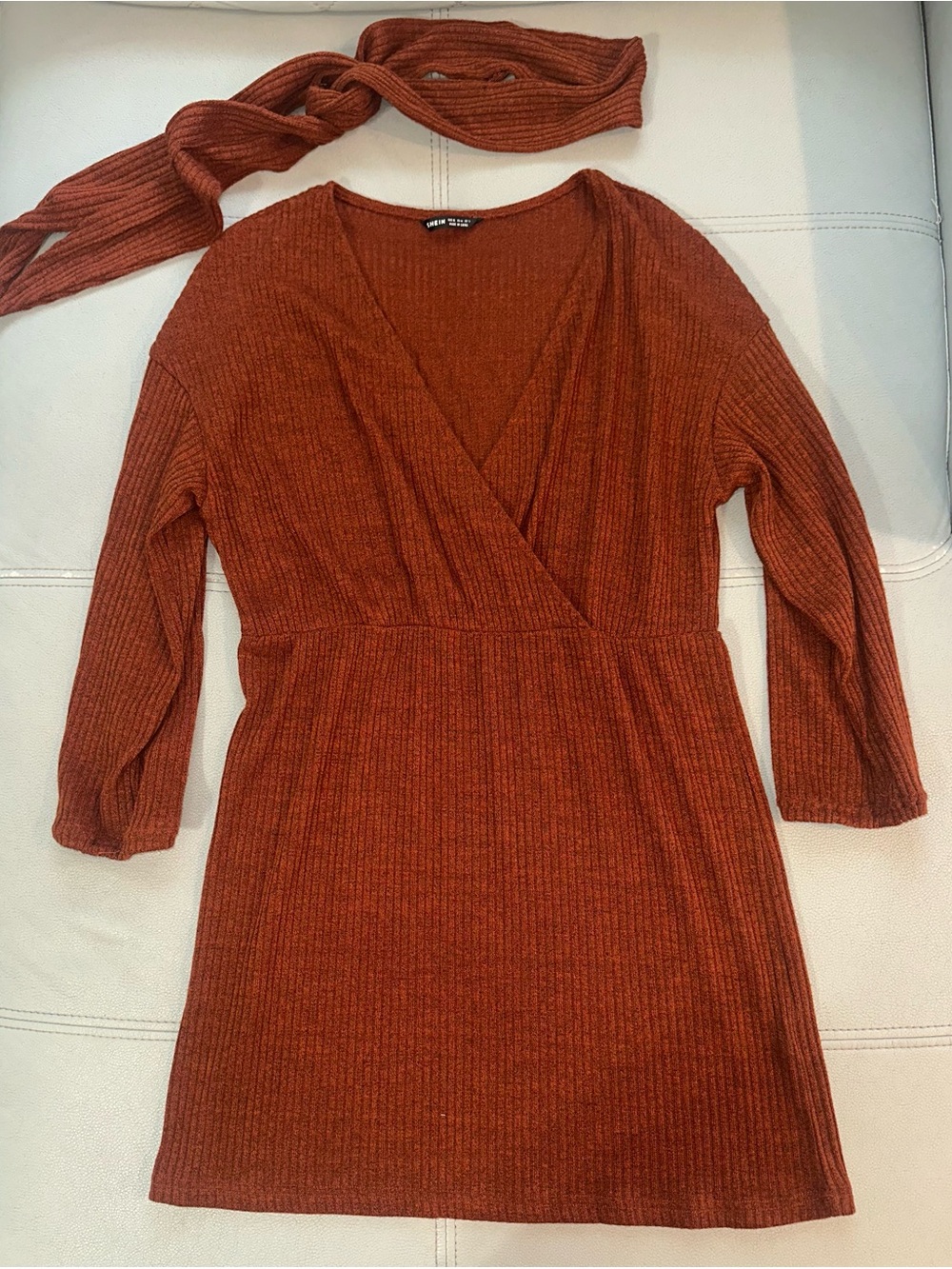 SHEIN Ribbed Wrap Long Sleeve Dress in Rust